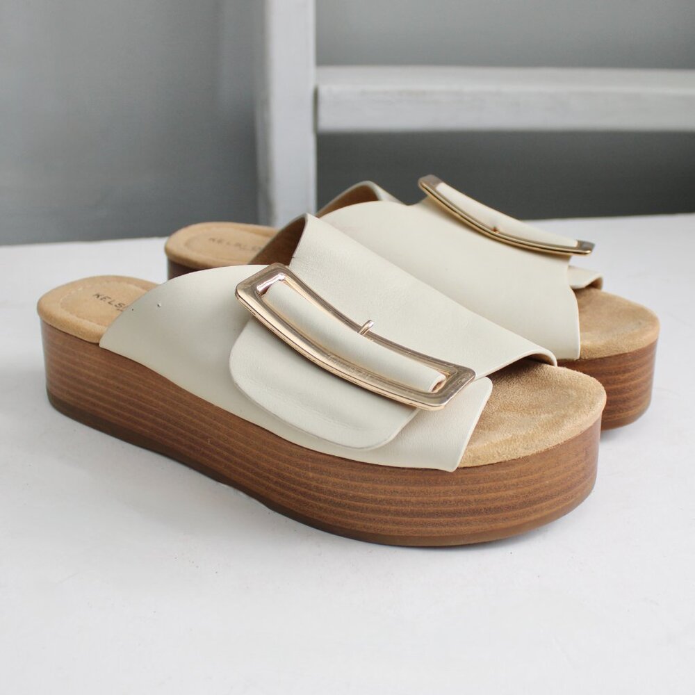 Kelsi Dagger Cream Slide Sandals with Gold Buckle